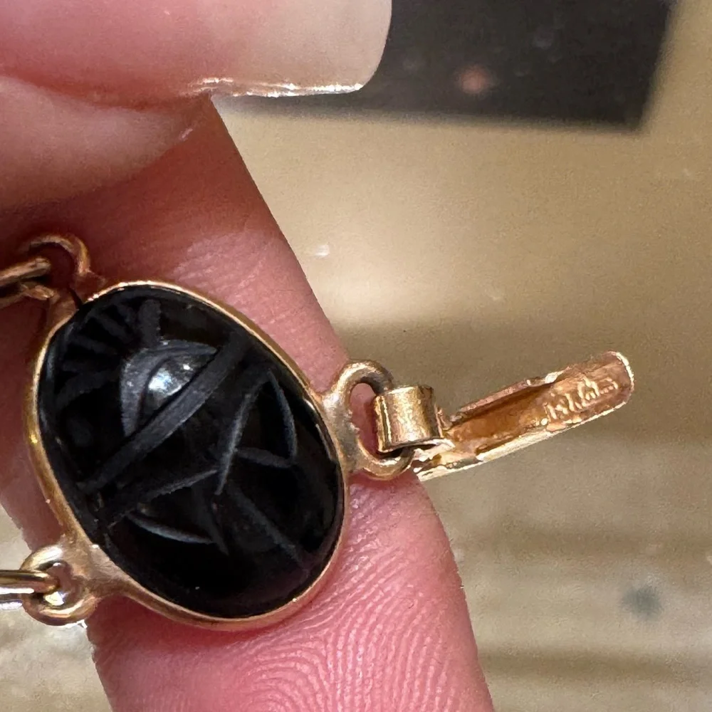 Vintage 70s Solid 14k Gold Scarab Precious Stone Bracelet - Picture 5 of 11